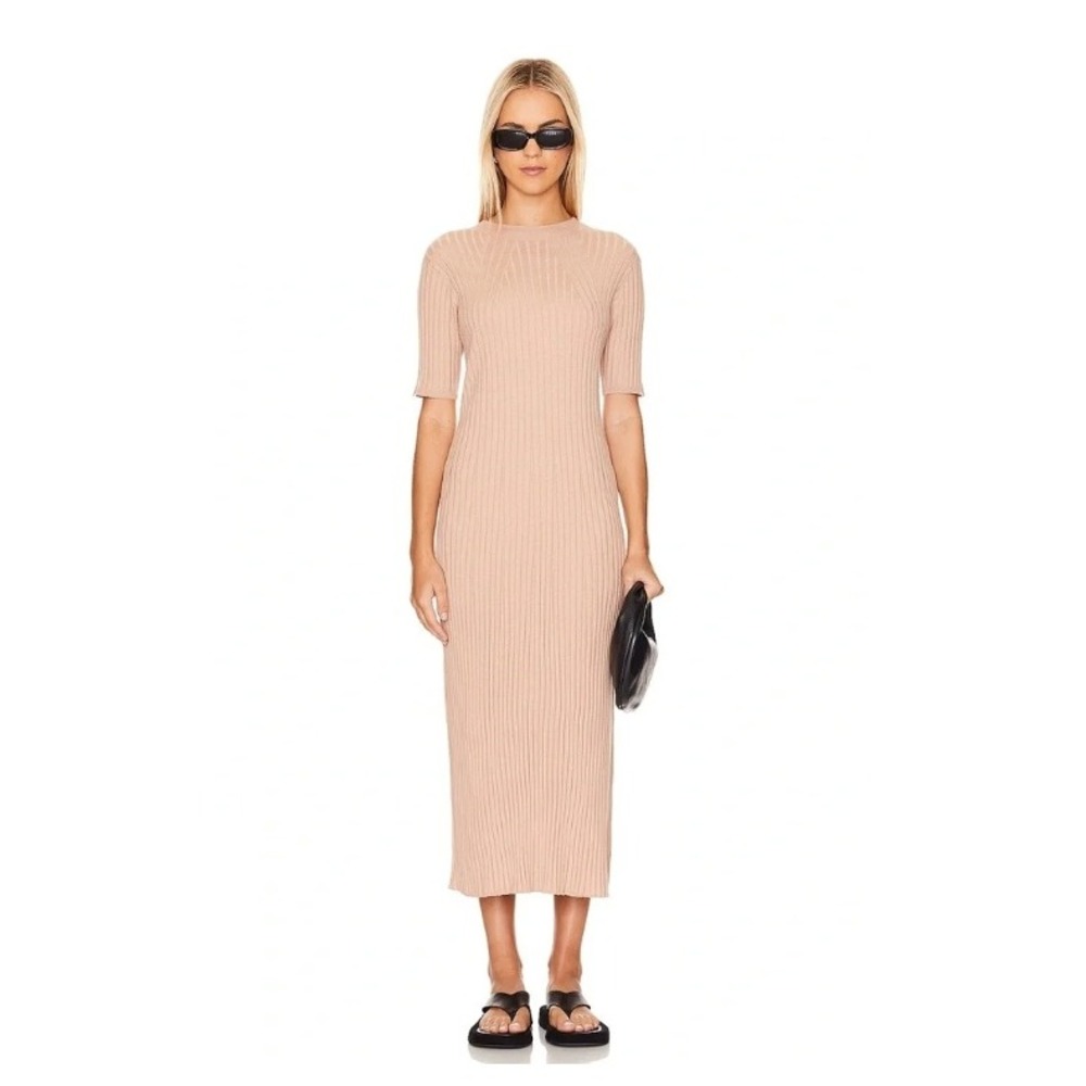 Varley Maeve Rib Knit Midi Dress Topa Taupe Short Sleeve Sweater Dress Small